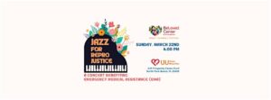 Event flyer for "Jazz for Repro Justice," a concert benefiting Emergency Medical Assistance (EMA). The event takes place Sunday, March 22nd at 4:00 PM at UU Palm Beaches, 635 Prosperity Farms Road, North Palm Beach, FL. Logos for BeLoved Center and UU Palm Beaches are included.